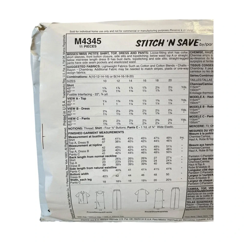 McCalls M4345 Easy Stitch'n‎ Save Shirt Dress Pants Size 10-16